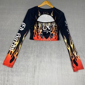 Ed Hardy X Dolls Kill Womens Crop Top  M Flames East Side Tattoos Long Sleeve